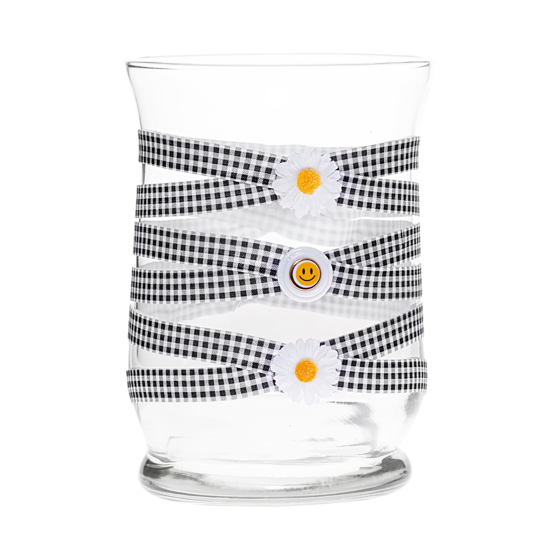 Front of Glass Wrappings' 8" hurricane vase, wrapped in black & white check elastic, decorated with 2 white daisies and a gold smiley face.