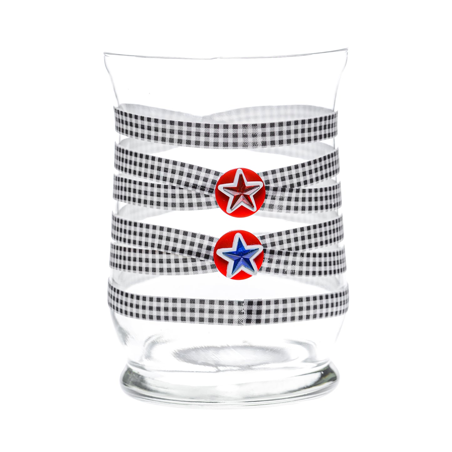 Back of Glass Wrappings 8" hurricane vase wrapped in black & white check elastic, decorated with 2 patriotic stars.