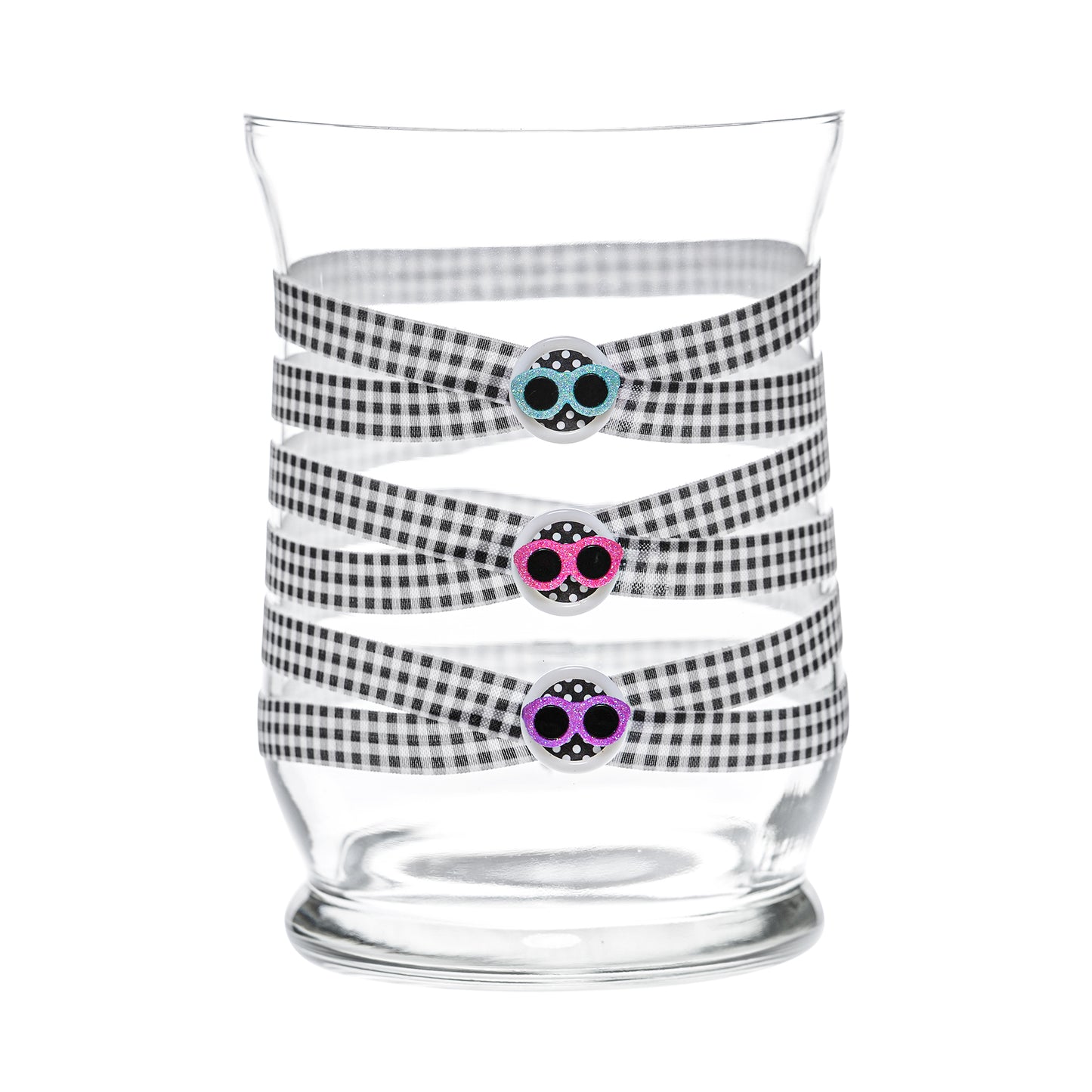 Front of Glass Wrappings 8" hurricane vase wrapped in black & white check elastic, decorated with 3 colorful sunglasses.