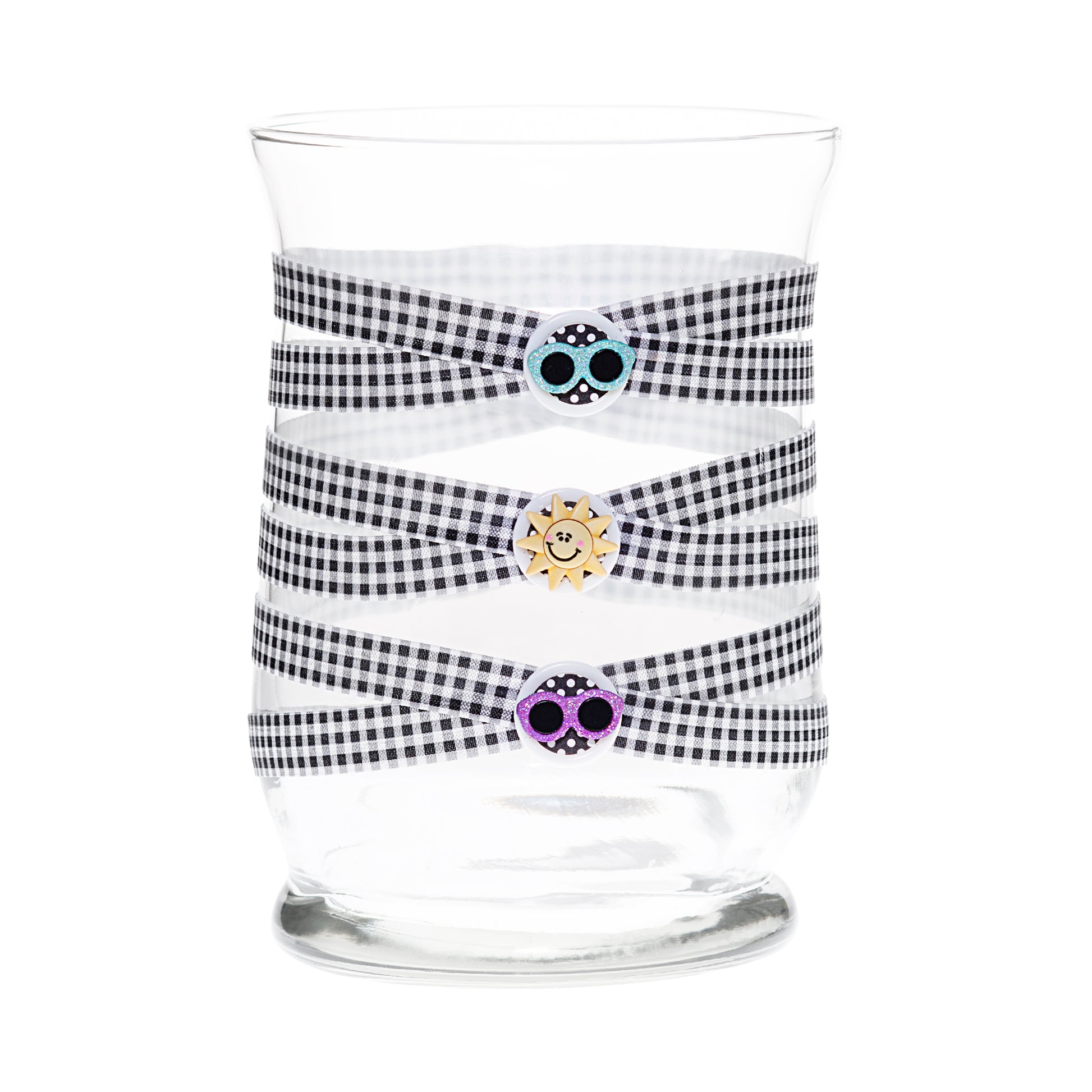Front of Glass Wrappings 8" hurricane vase wrapped in black & white check elastic, decorated with 2 colorful sunglasses and a smiley sun.