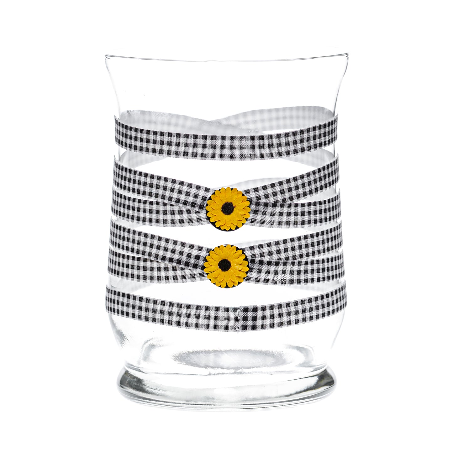 Back of Glass Wrappings 8” hurricane vase wrapped in black & white check elastic, decorated with 2 sunflowers .