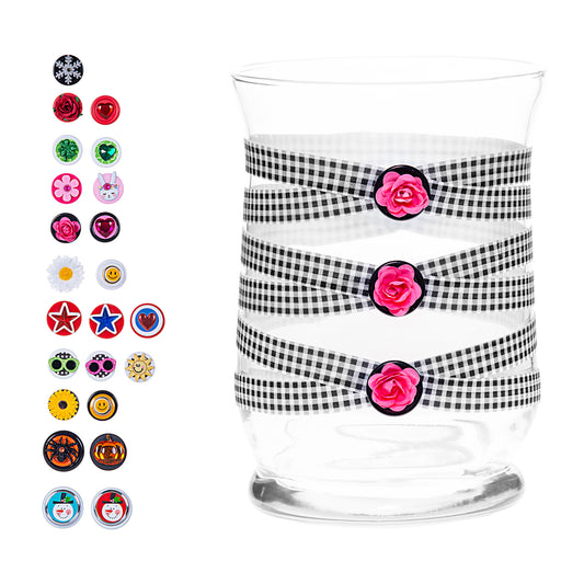 Glass Wrappings medium set of all 12 embellishments from the Annual Collection. 5.5" x 8" hurricane vase and buffalo plaid wrapping are also included in the package.