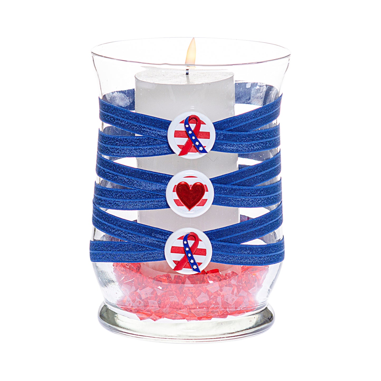Front of Glass Wrappings 8" hurricane vase wrapped in navy blue elastic, decorated with 2 patriotic ribbons and 1 red heart.