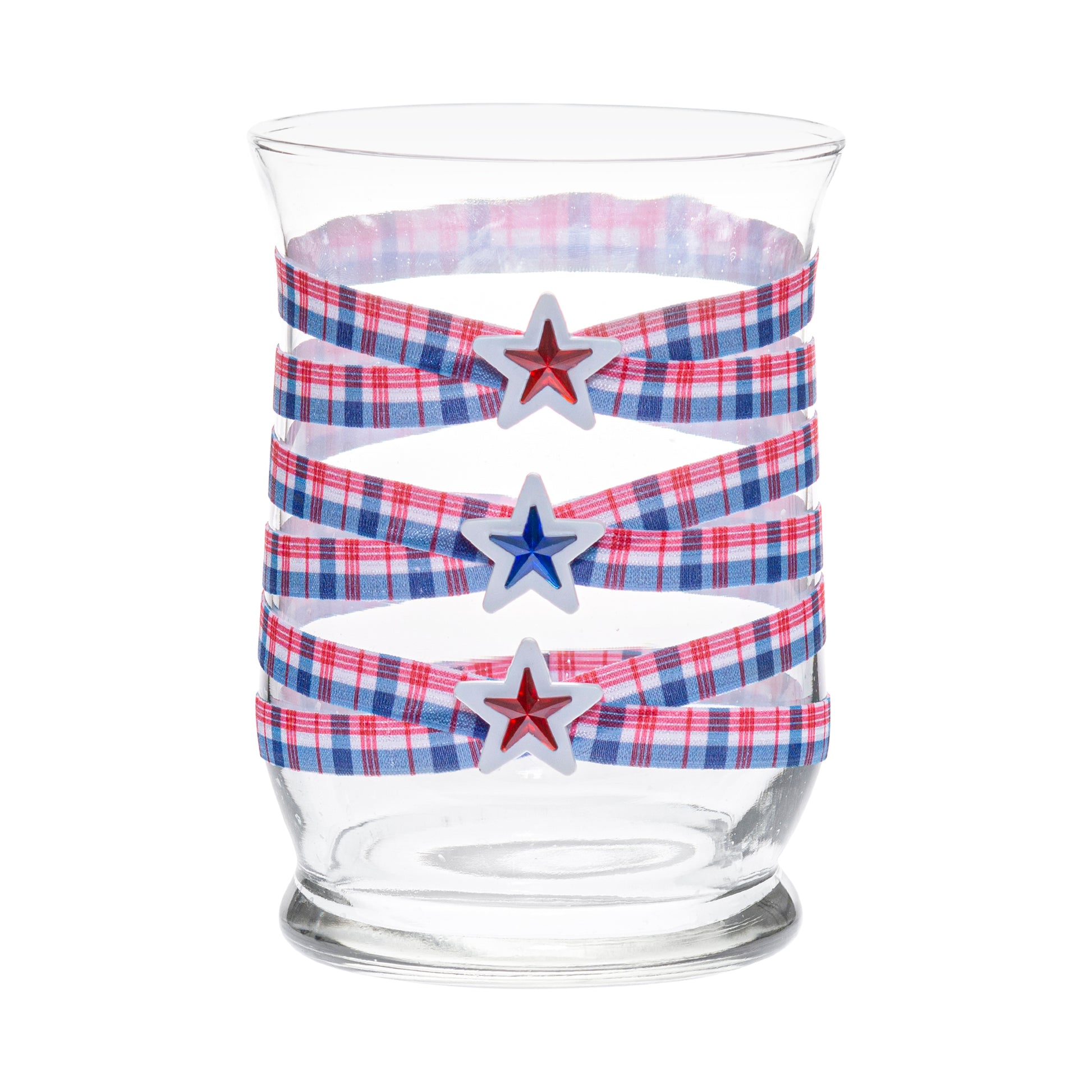 Front of Glass Wrappings 8" hurricane vase wrapped in red, white, and blue plaid elastic, decorated with red and blue gem stars.