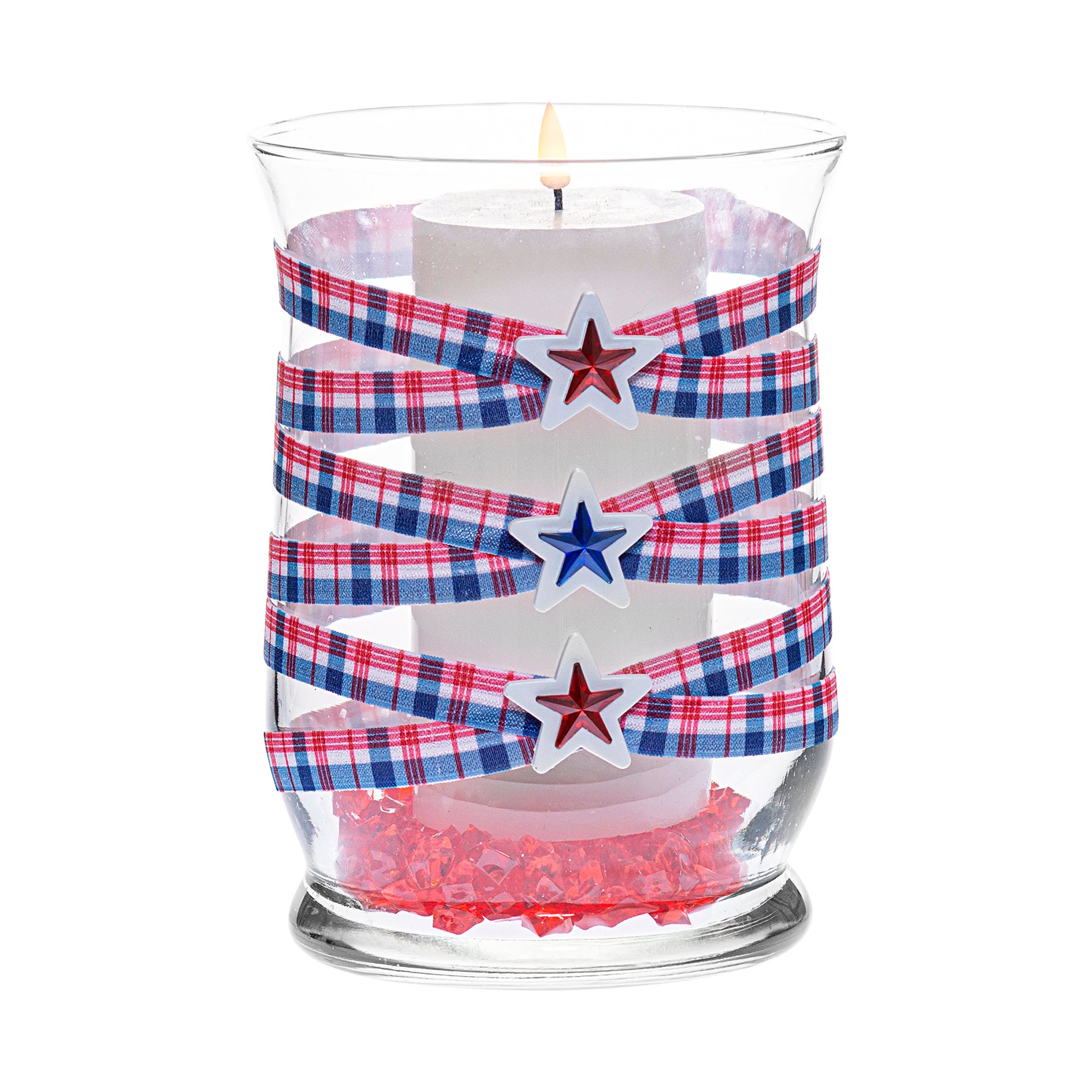 Front of Glass Wrappings 8" hurricane vase wrapped in red, white, and blue plaid elastic, decorated with red and blue gem stars. It holds a white candle.