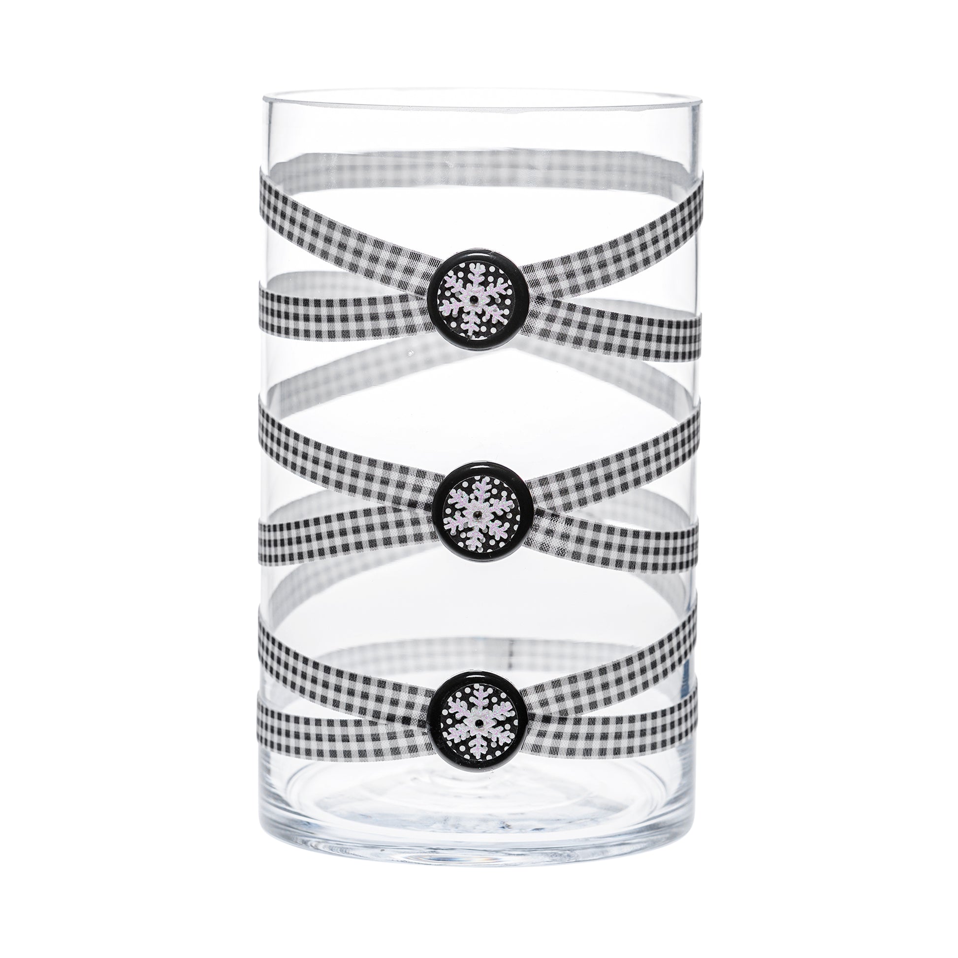 Front of Glass Wrappings 6" x 10" cylinder wrapped in black & white check elastic, decorated with 3 shiny snowflakes.