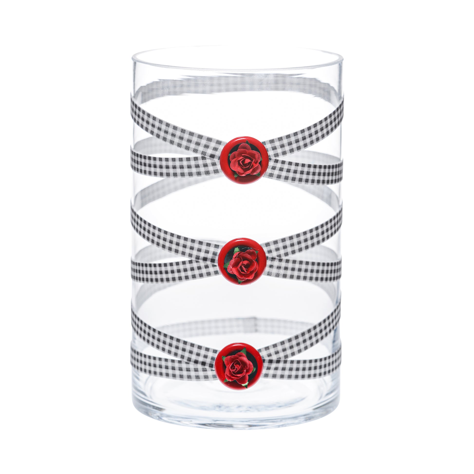 Front of Glass Wrappings 6" x 10" cylinder wrapped in black & white check elastic, decorated with 3 red roses.