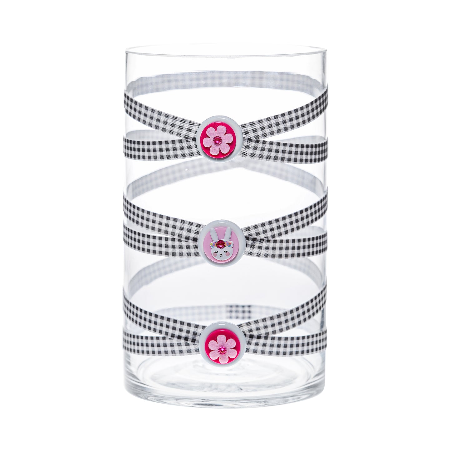 Front of Glass Wrappings 6" x 10" cylinder wrapped in black & white check elastic, decorated with 2 pink flowers and jeweled bunny.