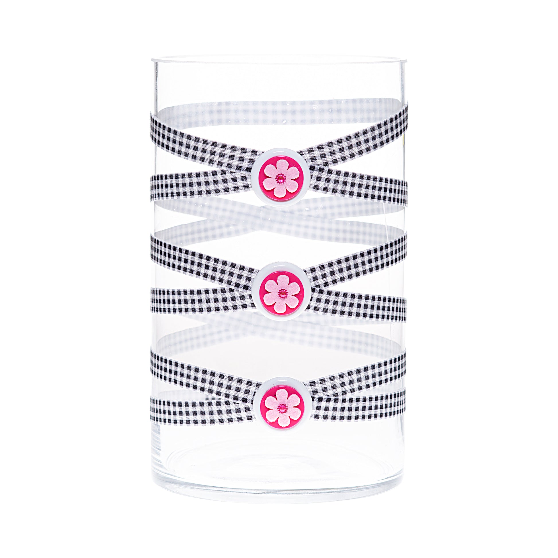Front of Glass Wrappings 6" x 10" cylinder wrapped in black & white check elastic, decorated with 3 pink flowers.