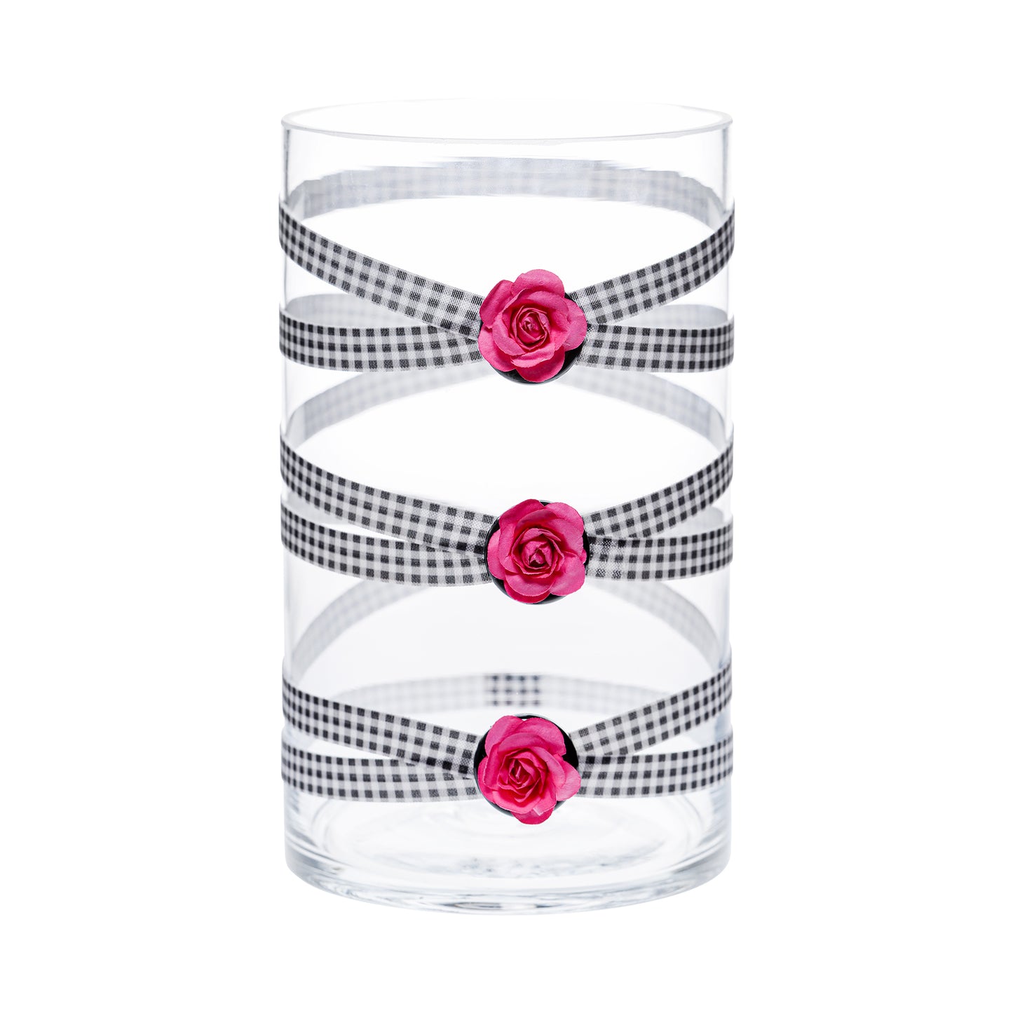 Front of Glass Wrappings 6" x 10" cylinder wrapped in black & white check elastic, decorated with 3 pink daisies.