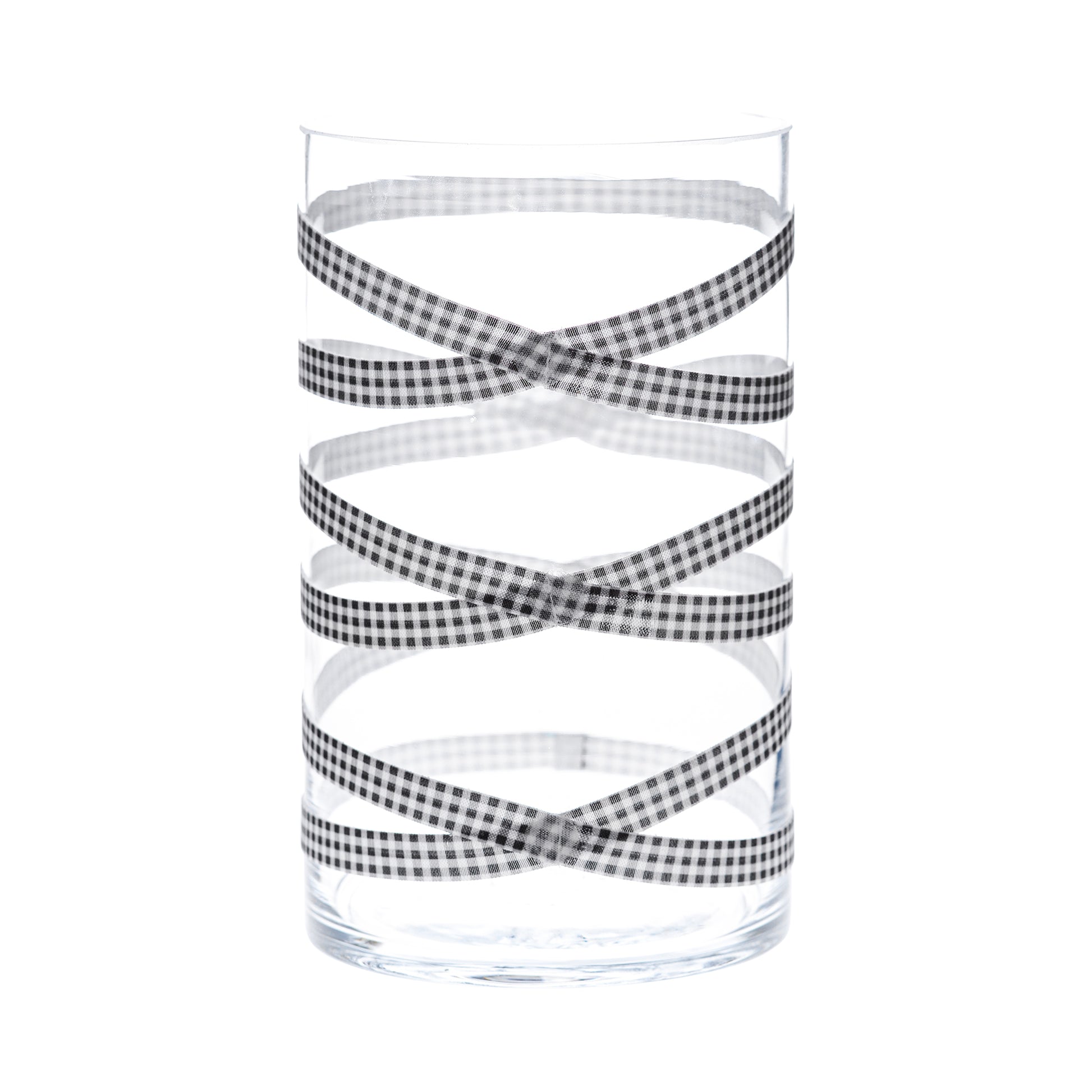 Front of Glass Wrappings' 6" x 10" cylinder wrapped in black and white check elastic, forming 3 "crosses."