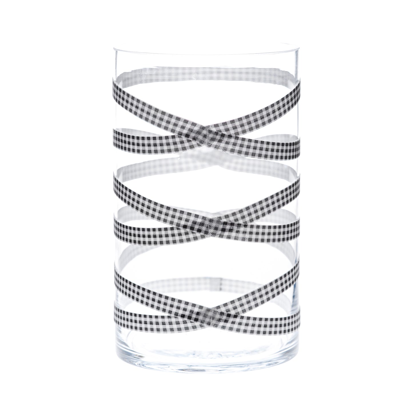 Front of Glass Wrappings' 6" x 10" cylinder wrapped in black and white check elastic, forming 3 "crosses."