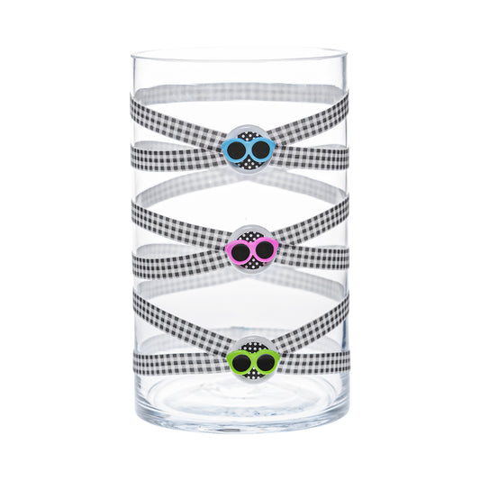 Front of Glass Wrappings 6" x 10" cylinder wrapped in black & white check elastic, decorated with 3 colorful sunglasses.