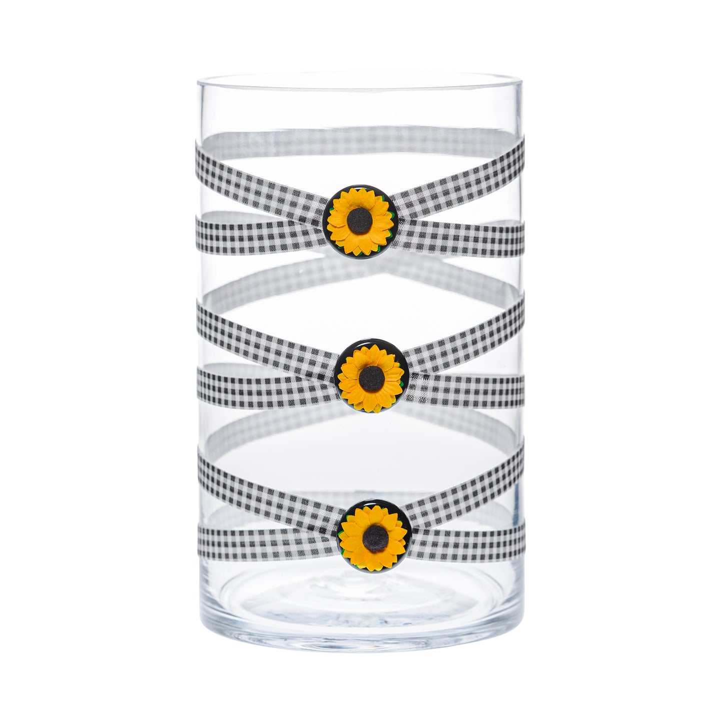 Front of Glass Wrappings 6" x 10" cylinder wrapped in black and white check elastic, decorated with 3 sunflowers.