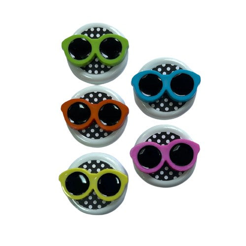 Set of 6 Summer Sunglasses + Sun embellishments. 5 colorful sunglasses and 1 cute sun sit atop white buttons.